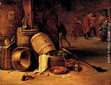 An interior scene with pots, barrels, baskets, onions and cabbages with boors carousing in the background
